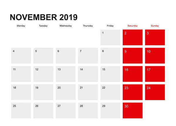 2019 Listopada Planner Kalendarz Projektu Tydzień Zaczyna Się Poniedziałku Ilustracja — Wektor stockowy