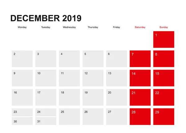 Diseño Calendario Planificador Diciembre 2019 Semana Comienza Lunes Ilustración Vectorial — Vector de stock