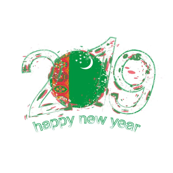 Feliz Año Nuevo 2019 Con Bandera Turkmenistán Grunge Vacaciones Vector — Archivo Imágenes Vectoriales