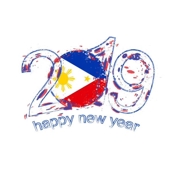 幸せな新しい 2019 年フィリピンの旗 ホリデイ グランジ ベクトル イラスト — ストックベクタ