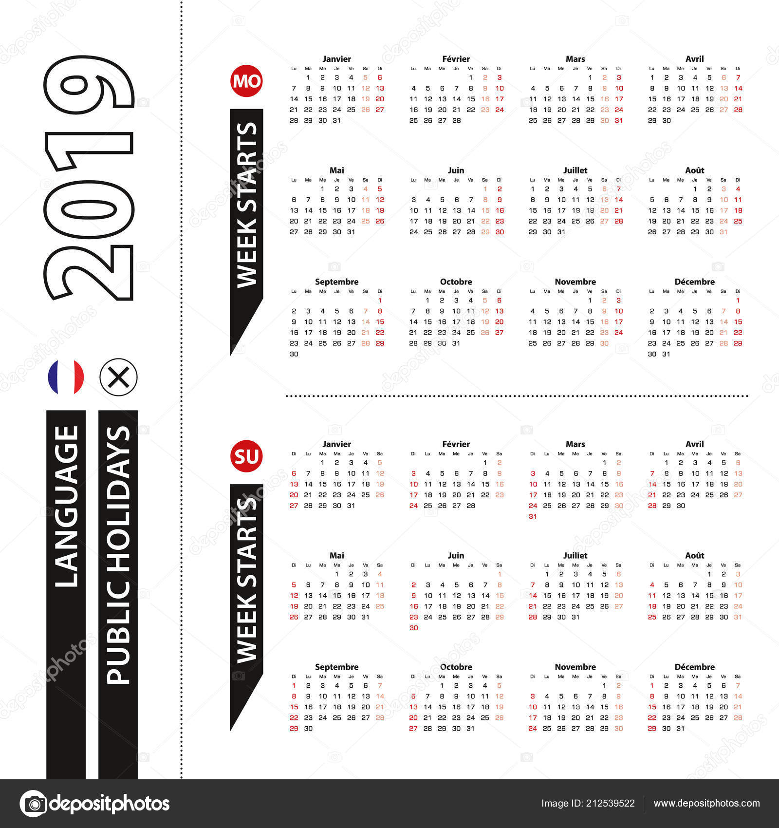 Two Versions 19 Calendar French Week Starts Monday Week Starts Vector Image By C Boldg Vector Stock