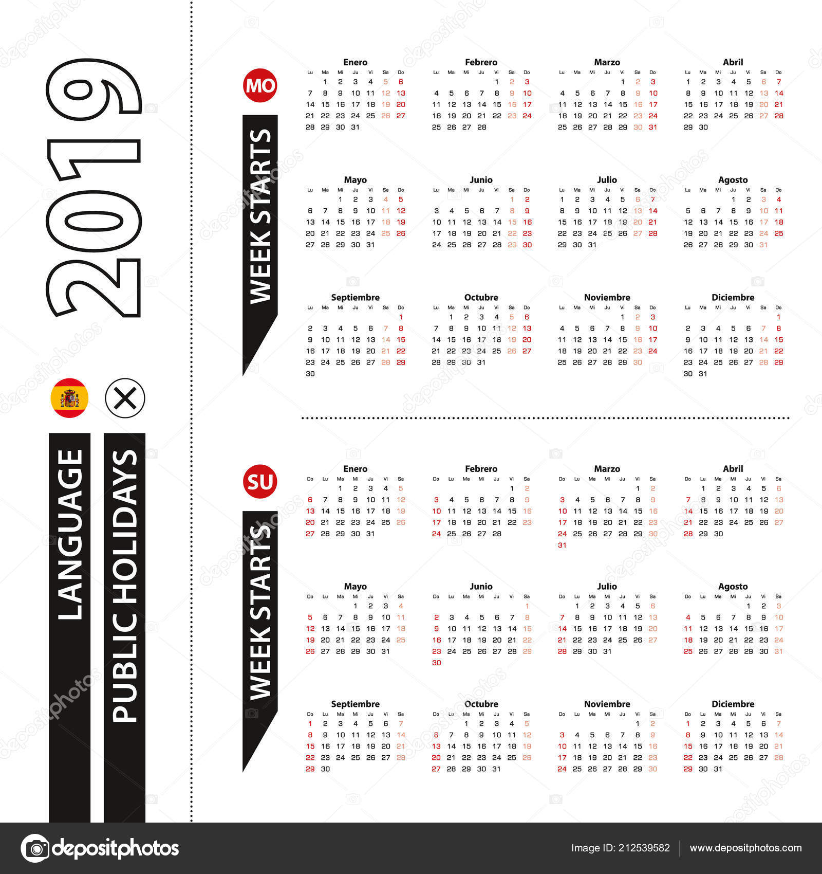 Two Versions 19 Calendar Spanish Week Starts Monday Week Starts Vector Image By C Boldg Vector Stock