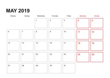 Mayıs 2019 İngilizce için duvar planlayıcısı, haftası Pazartesi günü başlar..