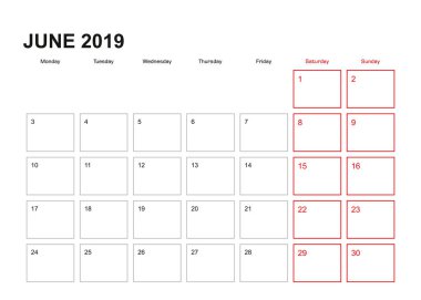 Haziran 2019 İngilizce için duvar planlayıcısı, haftası Pazartesi günü başlar..