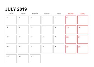 Temmuz 2019 İngilizce için duvar planlayıcısı, haftası Pazartesi günü başlar..
