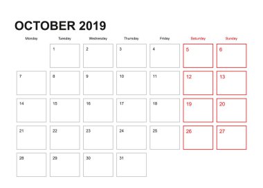 Ekim 2019 İngilizce için duvar planlayıcısı, haftası Pazartesi günü başlar..