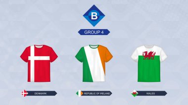 Rugby forması ile bayrak, Leagua b, Grup 4 takım: Galler, İrlanda, Danimarka.