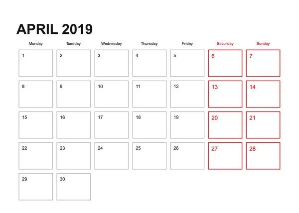 Planejador Parede Para Abril 2019 Língua Inglesa Semana Começa Segunda — Vetor de Stock