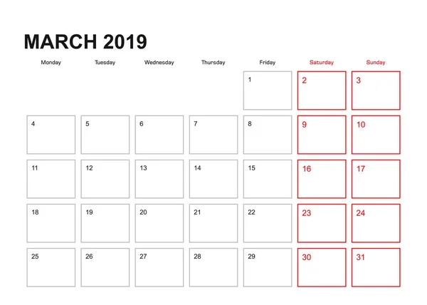 Planejador Parede Para Março 2019 Língua Inglesa Semana Começa Segunda — Vetor de Stock