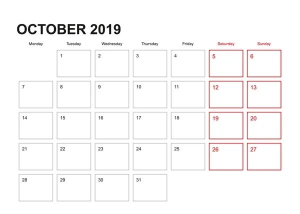 Planejador Parede Para Outubro 2019 Língua Inglesa Semana Começa Segunda — Vetor de Stock