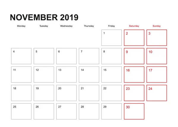 Planificador Pared Para Noviembre 2019 Idioma Inglés Semana Comienza Lunes — Vector de stock