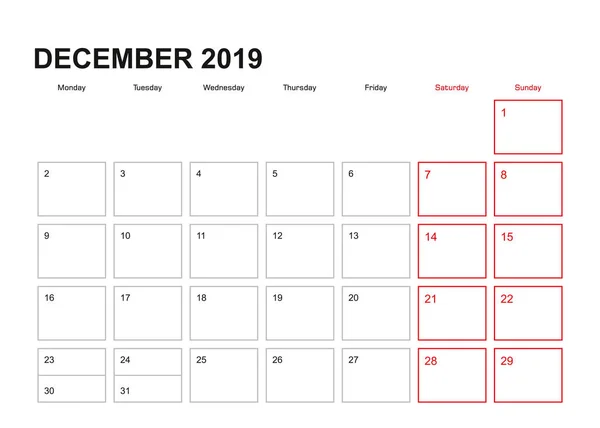 Planificador Pared Para Diciembre 2019 Idioma Inglés Semana Comienza Lunes — Vector de stock