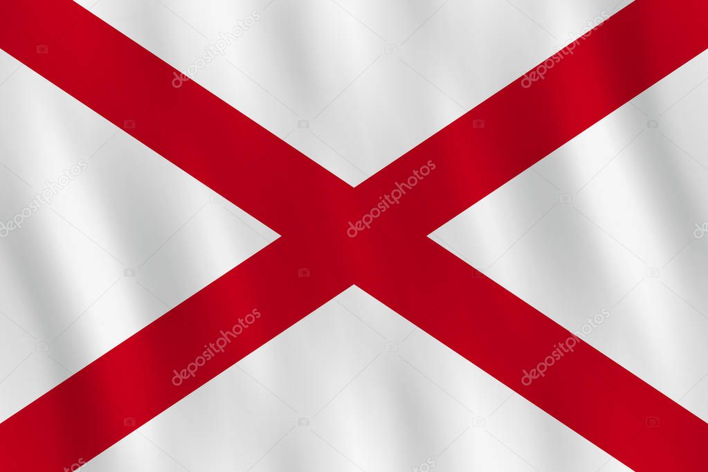 Alabama US state flag with waving effect, official proportion.