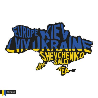 Ukrayna'nın tipografi harita siluet siyah ve bayrak renkleri. Vektör çizim.