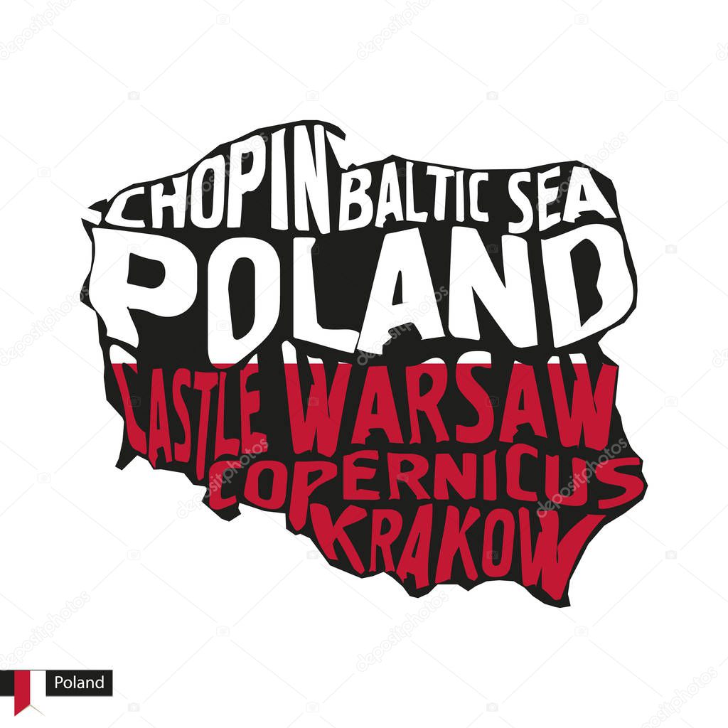 Typography map silhouette of Poland in black and flag colors. Vector Illustration.