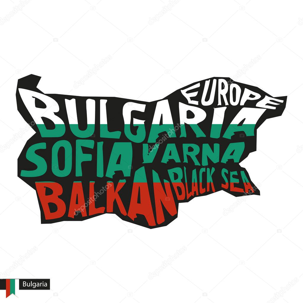 Typography map silhouette of Bulgaria in black and flag colors. Vector Illustration.