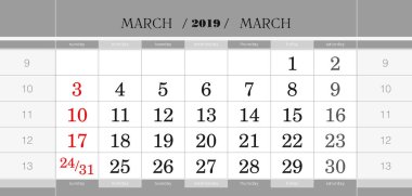 Mart 2019 üç aylık takvim blok. Duvar takvimi İngilizce, hafta Pazar başlar. Vektör çizim.