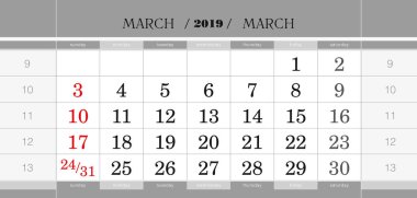 March 2019 quarterly calendar block. Wall calendar in English, week starts from Sunday. Vector Illustration. clipart