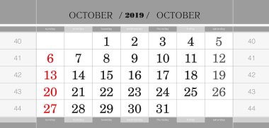 October 2019 quarterly calendar block. Wall calendar in English, week starts from Sunday. Vector Illustration. clipart