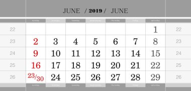 Haziran 2019 üç aylık takvim blok. Duvar takvimi İngilizce, hafta Pazar başlar. Vektör çizim.