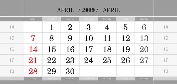 Απριλίου 2019 Τριμηνιαίο Ημερολόγιο Μπλοκ Ημερολόγιο Τοίχου Αγγλικά Εβδομάδα Ξεκινά — Διανυσματικό Αρχείο