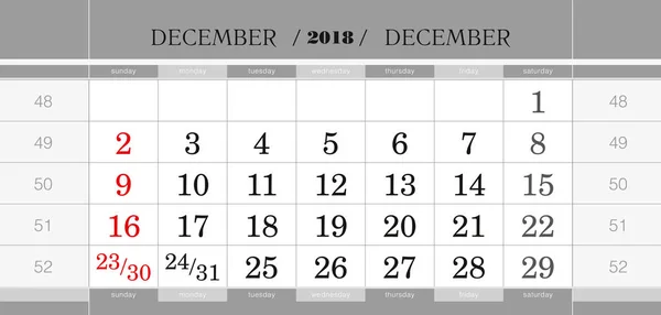 Diciembre 2018 Bloque Calendario Trimestral Calendario Mural Inglés Semana Comienza — Archivo Imágenes Vectoriales