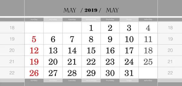 Mai 2019 Vierteljährlichen Kalenderblock Wandkalender Englisch Die Woche Beginnt Sonntag — Stockvektor