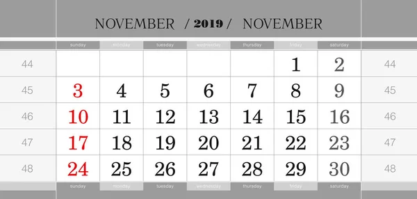 Novembro 2019 Bloco Calendário Trimestral Calendário Parede Inglês Semana Começa — Vetor de Stock