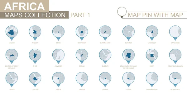 Afrikanische Länder Detaillierte Kartensammlung Blauer Kartenstift Mit Länderkarte Teil — Stockvektor