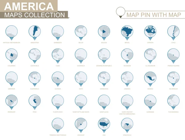 Colección Mapas Detallada Países Americanos Pin Mapa Azul Con Mapa — Vector de stock