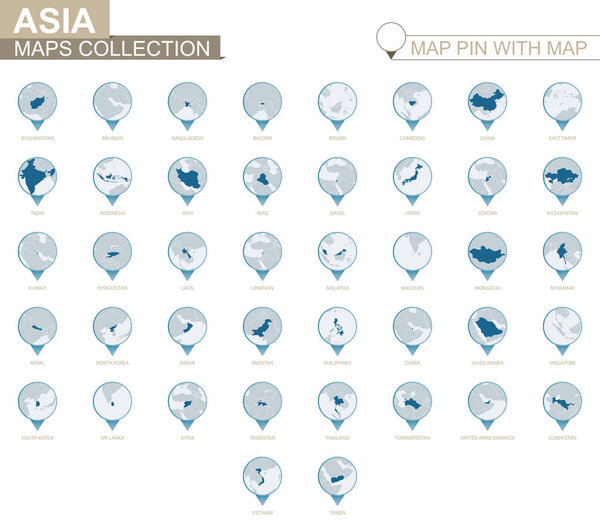 Asian countries detailed map collection, blue map pin with country map