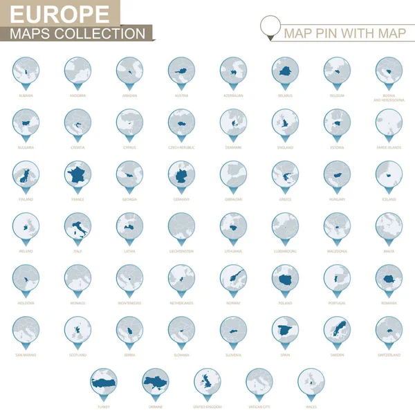 Europeiska Länder Detaljerad Karta Collection Blå Karta Pin Med Land — Stock vektor