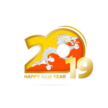 Yıl 2019 Bhutan bayrağı desenli. Mutlu yeni yıl tasarım. Vektör çizim.