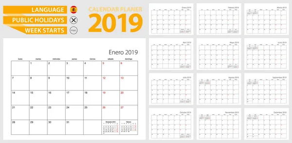 Planificador Calendario Español Para 2019 Idioma Español Semana Comienza Lunes — Archivo Imágenes Vectoriales