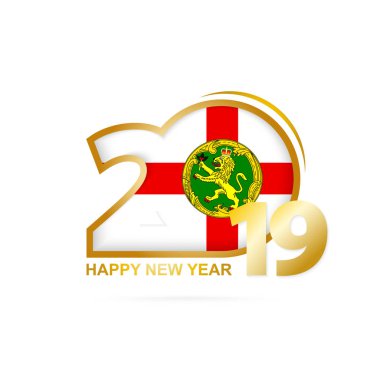 Yıl 2019 Alderney bayrak desenli. Mutlu yeni yıl tasarım. Vektör çizim.