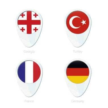 Gürcistan, Türkiye, Fransa, Almanya bayrağı konumu harita PIN simgesi. Gürcistan bayrağı, Türkiye bayrağı, Fransa bayrağı, Almanya bayrağı. Vektör çizim.