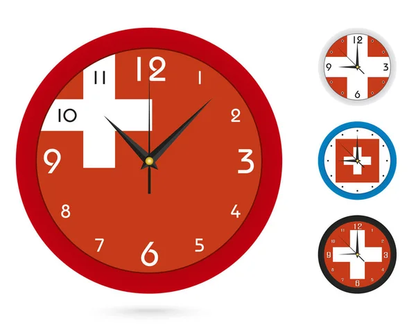 Reloj Pared Diseño Con Bandera Nacional Suiza Cuatro Diseños Diferentes — Vector de stock
