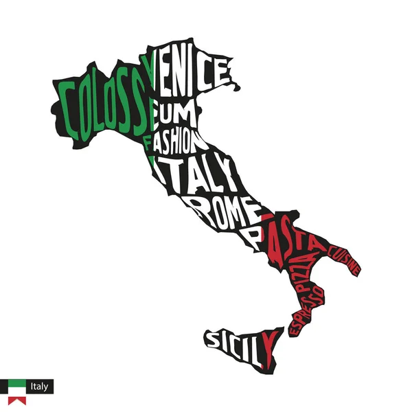 Typography map silhouette of Italy in black and flag colors. Vector Illustration.