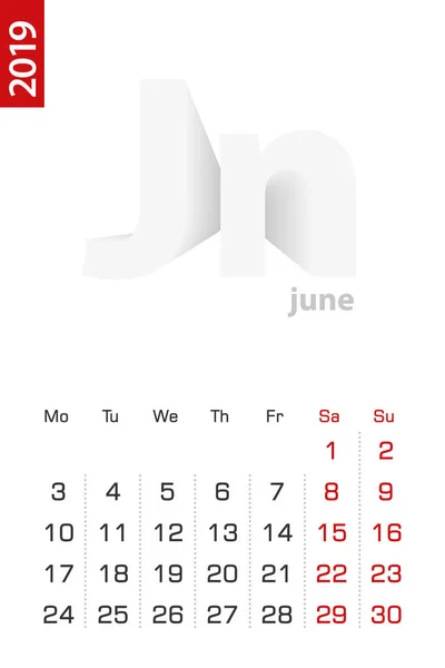 Minimalistické Kalendář Šablona Pro Června 2019 Vektor Kalendáře Angličtině — Stockový vektor