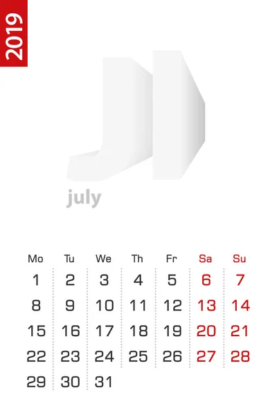Мінімалістському Календарний Шаблон Липня 2019 Векторні Календар Англійській Мові — стоковий вектор