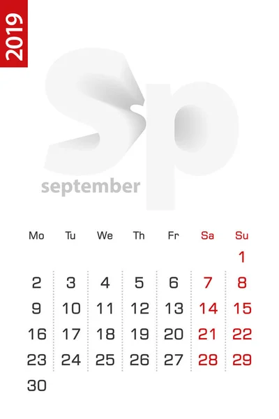 2019年9月的简约日历模板 英文矢量日历 — 图库矢量图片