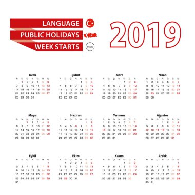 Calendar 2019 in Turkish language with public holidays the country of Turkey in year 2019. Week starts from Monday. Vector Illustration. clipart