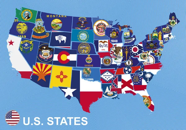 Mapa Dos Eua Com Bandeiras Estados Fundo Azul — Vetor de Stock