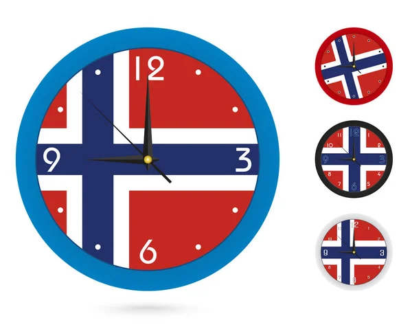 Ścienny zegar projekt z flaga Narodowa Norwegii. Czterech różnych konstrukcji — Wektor stockowy