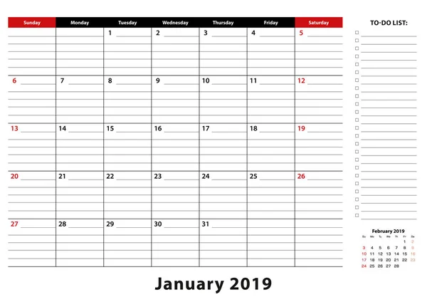 Januar 2019 Monatliche Schreibtischunterlage Kalenderwoche Sonntag Größe Januar 2019 Kalenderplaner — Stockvektor