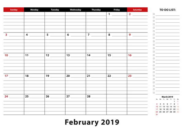 Fevereiro 2019 Mensal Desk Pad Calendar Semana Começa Partir Domingo — Vetor de Stock