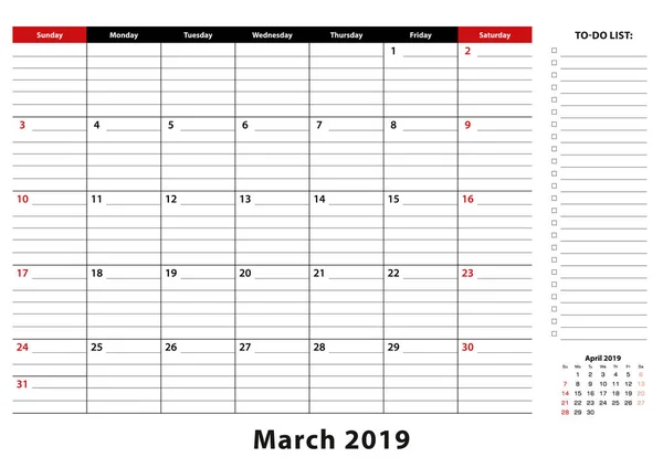 Μαρτίου 2019 Μηνιαίο Ημερολόγιο Επίθεμα Γραφείο Εβδομάδα Ξεκινά Από Την — Διανυσματικό Αρχείο