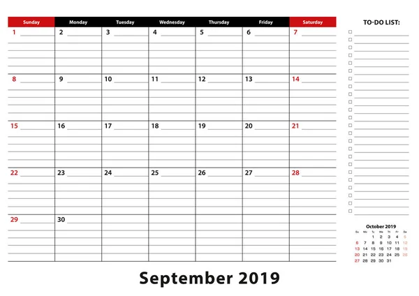 Setembro 2019 Mensal Desk Pad Calendar Semana Começa Partir Domingo — Vetor de Stock