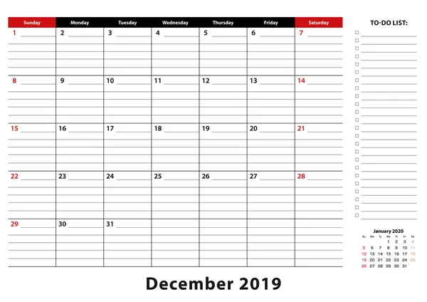 Dezembro 2019 Mensal Desk Pad Calendário semana começa a partir de domingo , — Vetor de Stock