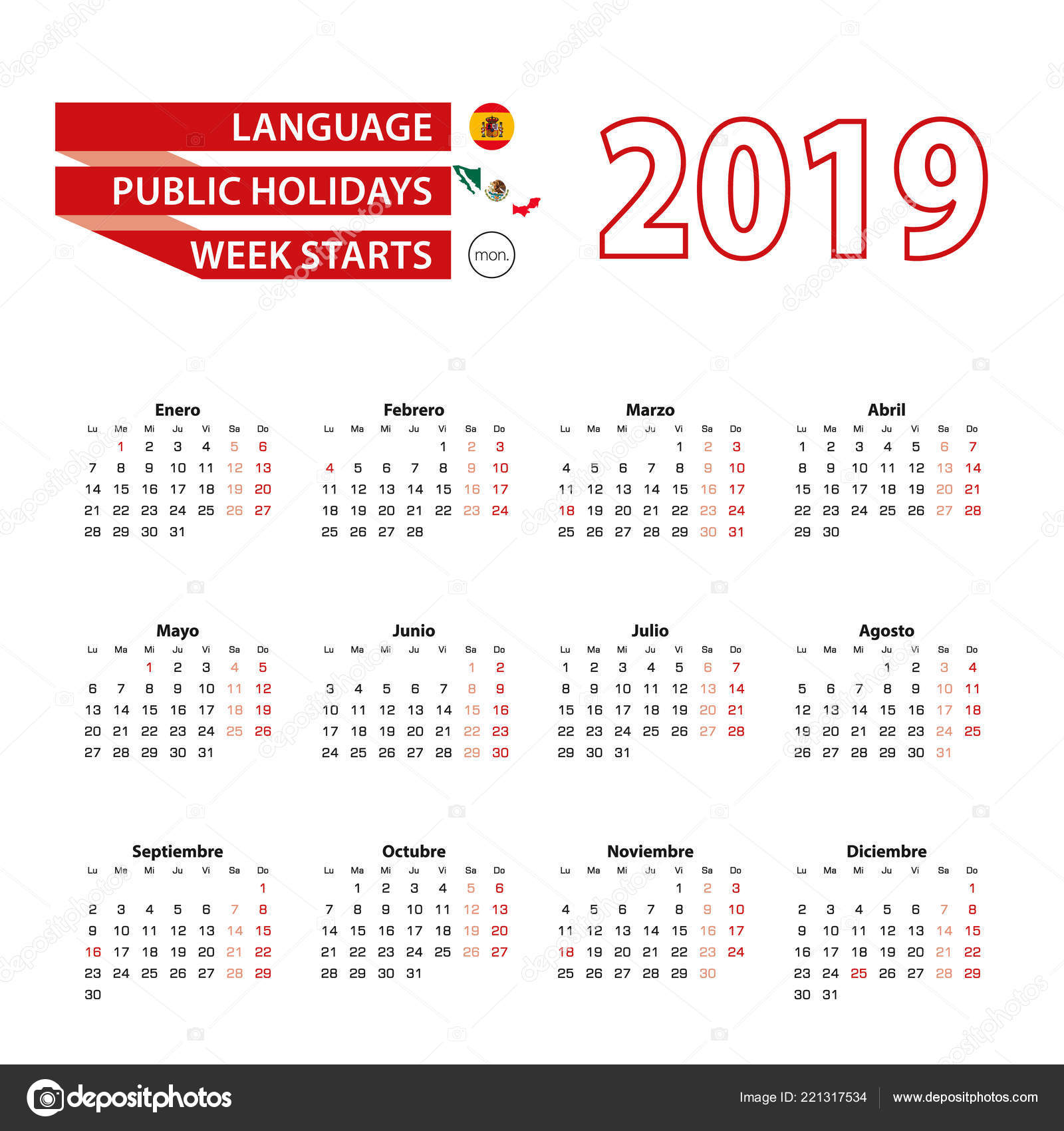 Calendar 2019 Spanish Language Public Holidays Country Mexico Year 2019
